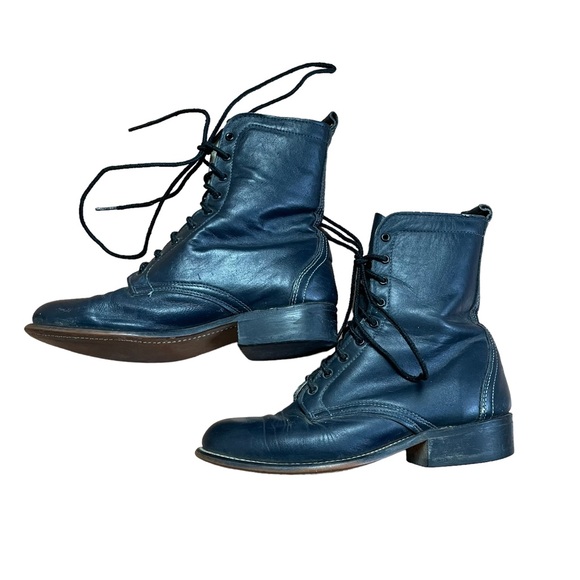 VINTAGE 90s LAREDO Leather Vamp Black Lace Up Roper Cowgirl Boots Size 6.5 - Picture 9 of 10